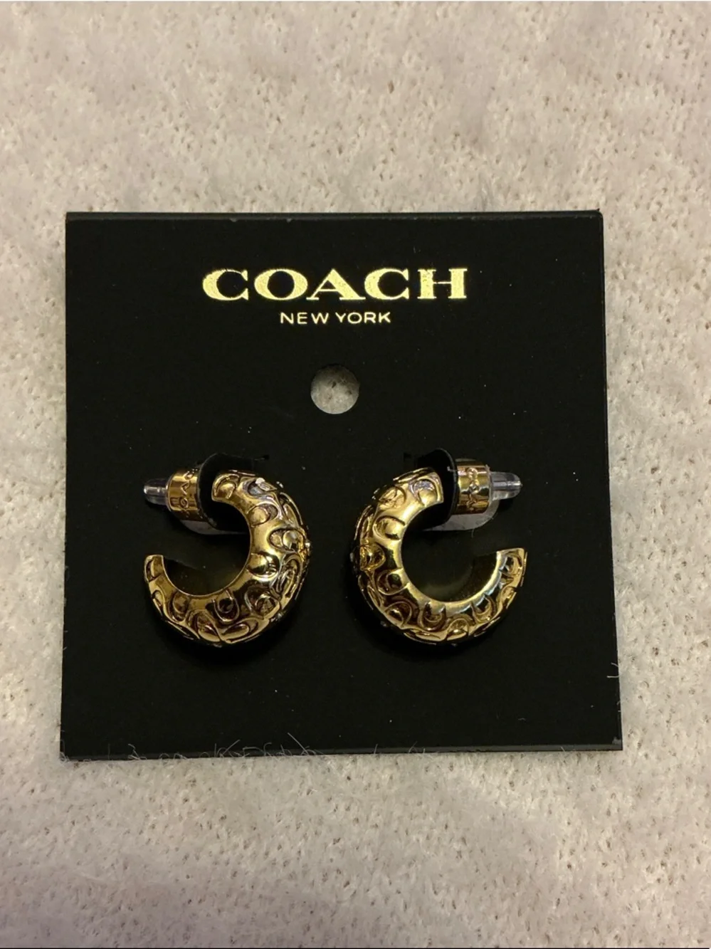 Coach Gold-Tone Hoop Earrings with Signature Engraving - Picture 2 of 4